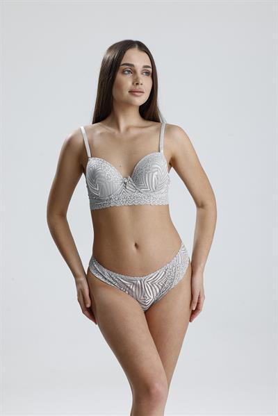 Dantel Çiçek Motifli Destekli Büstiyer Takım | Gri 667