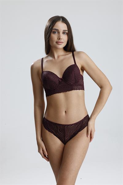 Dantel Çiçek Motifli Destekli Büstiyer Takım | Mürdüm  667