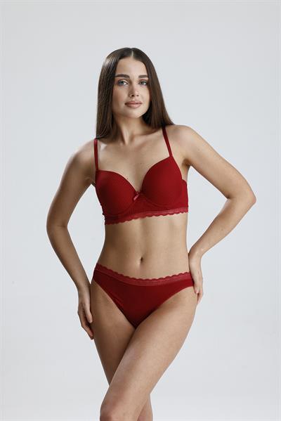 Destekli Soft Doku Jakarlı Dantel Sütyen Takım | Bordo 226