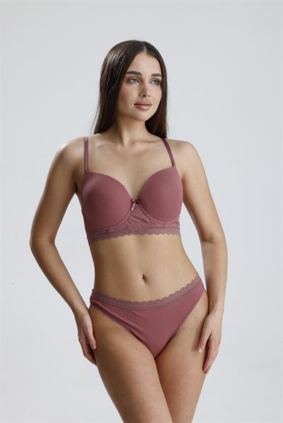 Destekli Soft Doku Jakarlı Dantel Sütyen Takım| Gül Kurusu 226