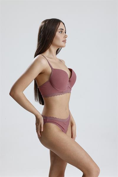 Destekli Soft Doku Jakarlı Dantel Sütyen Takım| Gül Kurusu 226