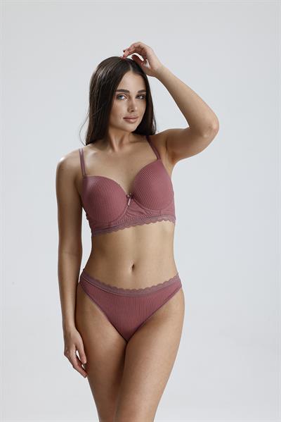 Destekli Soft Doku Jakarlı Dantel Sütyen Takım| Gül Kurusu 226