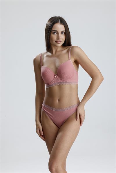 Destekli Soft Doku Jakarlı Dantel Sütyen Takım | Koyu Pudra 226