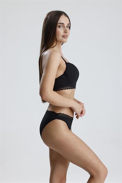 Destekli Soft Doku Jakarlı Dantel Sütyen Takım | Siyah 226
