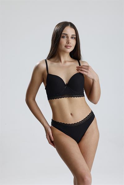 Destekli Soft Doku Jakarlı Dantel Sütyen Takım | Siyah 226