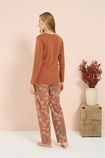 Kadın İnterlok Genç Desenli Önü Patlı Pijama Takım | Kiremit 3216