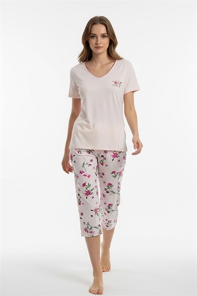 Kadın % 100 Ring Viskon V Yaka Altı Desenli Kapri Pijama Takımı | Pembe 40111-3376