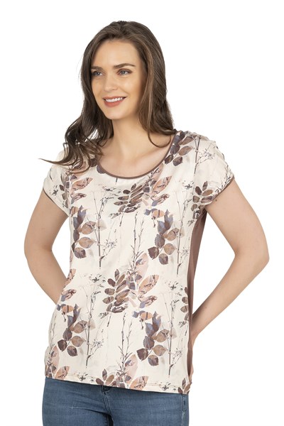 Kadın Doğal Tonlu Floral Desenli Kısa Kol Bluz | Kahverengi 26547