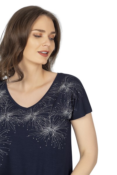 Kadın Işıltı Taş Detaylı Desenli Viskon Bluz | Lacivert  25501