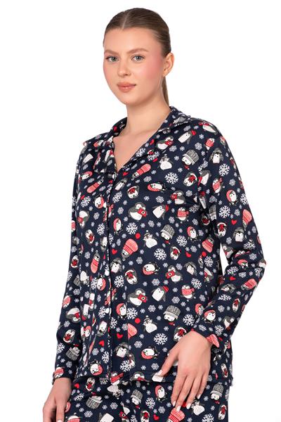 Lizbon Kumaş İçi Şardonlu Lacivert Kış Desenli Önden Düğmeli Kadın Pijama Takımı