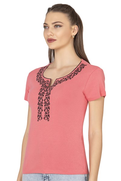 Kadın Nakış Detaylı Kısa Kol Pamuklu Bluz | Somon 21191