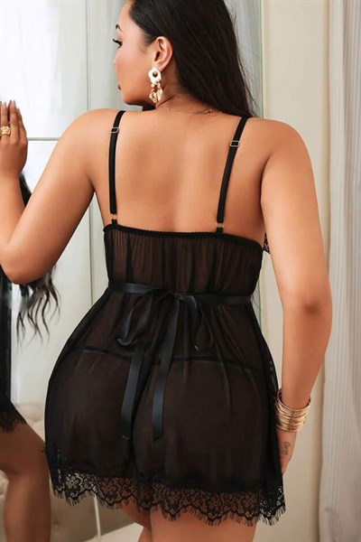 Transparan Dantel Büyük Beden Fantezi Gecelik | Siyah 3802