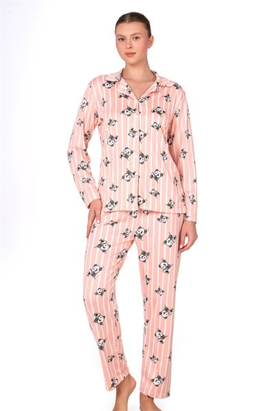 Lizbon Kumaş İçi Şardonlu Somon Panda Desenli Çizgili Önden Düğmeli Kadın Pijama Takımı