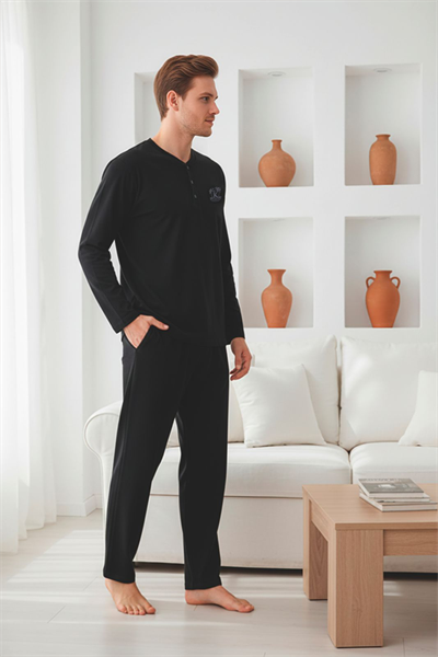 Erkek Uzun Kollu 4 Mevsim Penye Süprem Önü Patlı Pijama Takımı | Siyah 801