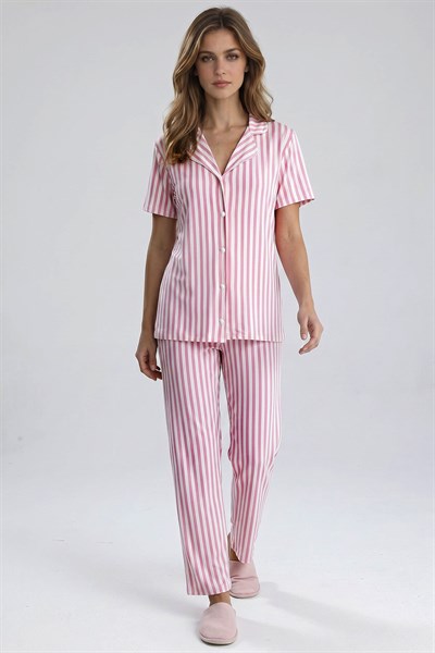Kadın Kısa Kollu Dikey Çizgili Pijama Takım | Pembe