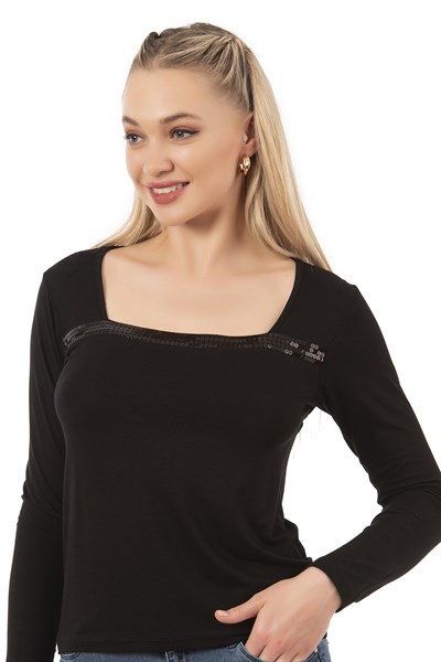 Kadın Viskon Pul Nakışlı Uzun Kol Bluz | Siyah 7429
