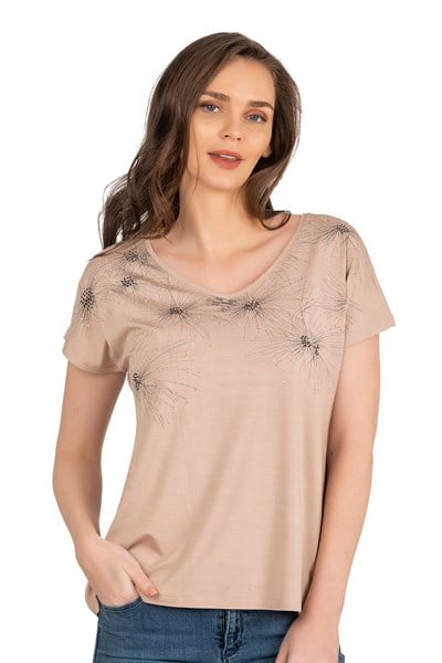 Kadın Işıltı Taş Detaylı Desenli Viskon Bluz | Taş 25501