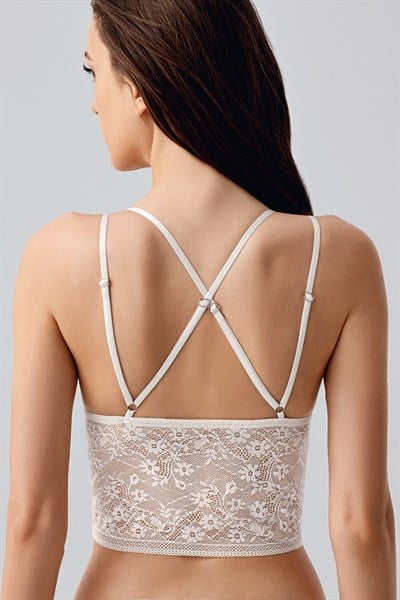 Çiçek Motifli Uzun Dantel Crop Bralet | Ekru 8329