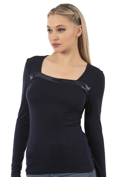 Kadın Viskon Pul Nakışlı Uzun Kol Bluz | Lacivert 7429