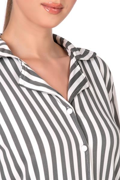 Gri Çizgili Lizbon Kumaş İçi Şardonlu Önden Düğmeli Kadın Pijama Takımı