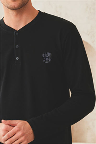 Erkek Uzun Kollu 4 Mevsim Penye Süprem Önü Patlı Pijama Takımı | Siyah 801