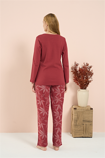 Kadın İnterlok Genç Desenli Önü Patlı Pijama Takım | Kırmızı 3211