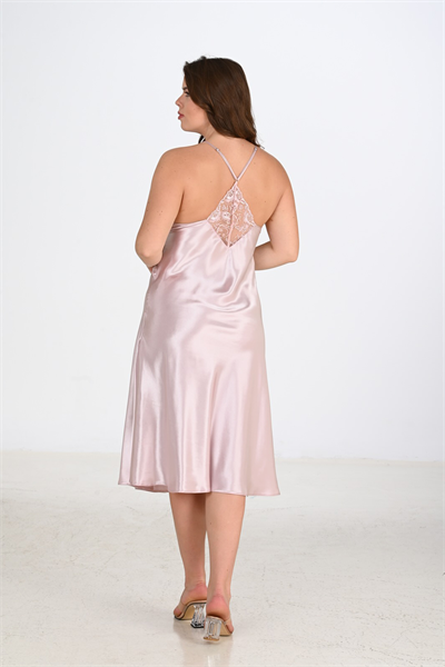 Kadın Saten Yırtmaçlı Sırt Detay Büyük Beden Gecelik | Pudra 2201