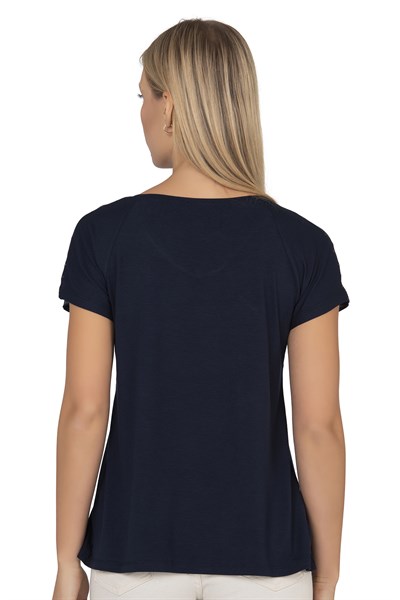 Kadın Kısa Kol Taş Süslemeli Viskon Bluz | Lacivert 25908