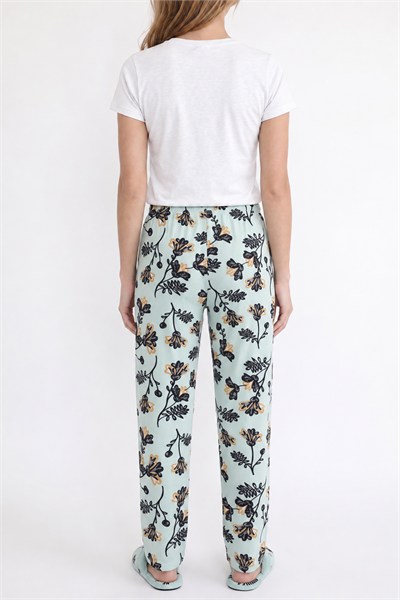 Kadın Süet Mint Çiçek Desen Pijama Tek Alt