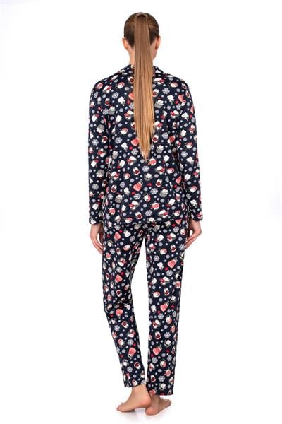 Lizbon Kumaş İçi Şardonlu Lacivert Kış Desenli Önden Düğmeli Kadın Pijama Takımı