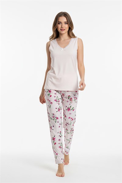 Kadın % 100 Ring Viskon V Yaka Altı Desenli Kalın Askılı Pijama Takımı | Somon 40108-4768