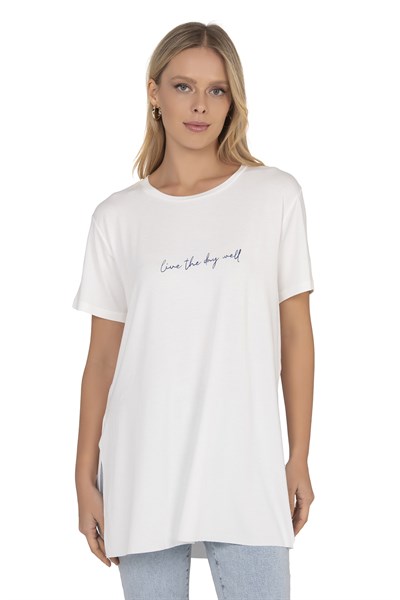 Kadın Oversize Basic Minimal Yazı Detaylı Bluz | Ekru 27082