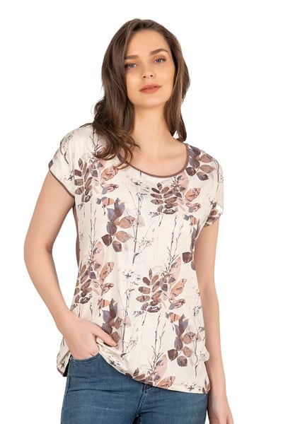 Kadın Doğal Tonlu Floral Desenli Kısa Kol Bluz | Kahverengi 26547