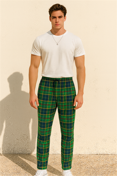 Erkek %100 Pamuk Cepli Ekose Pijama Altı | Yeşil