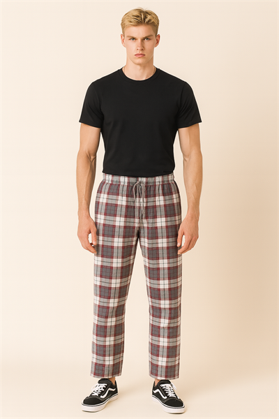 Erkek %100 Pamuk Cepli Ekose Pijama Altı | Gri