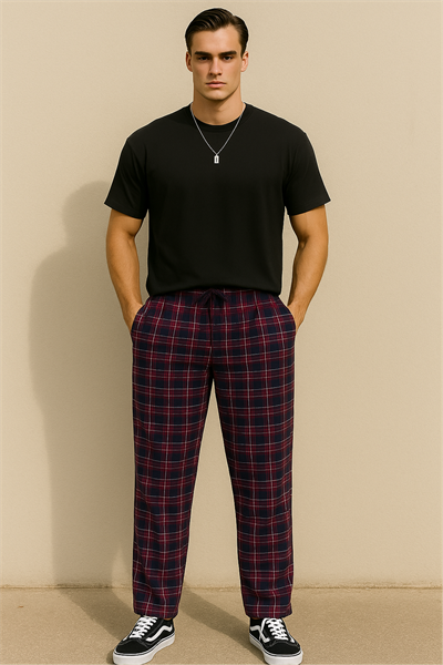 Erkek %100 Pamuk Cepli Ekose Pijama Altı | Bordo