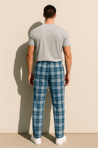 Erkek %100 Pamuk Cepli Ekose Pijama Altı | Mavi