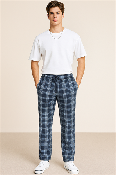 Erkek %100 Pamuk Cepli Ekose Pijama Altı | Lacivert