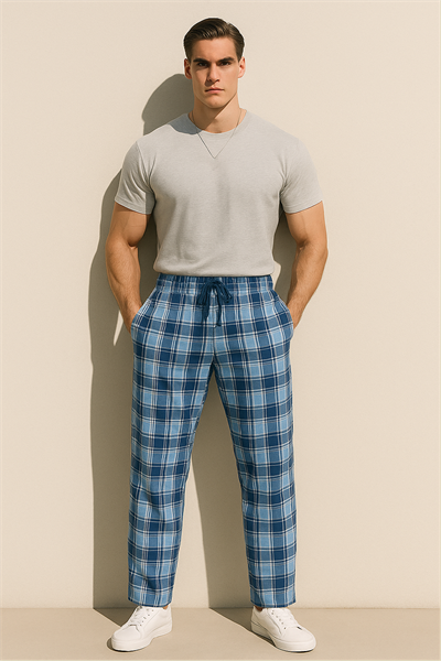 Erkek %100 Pamuk Cepli Ekose Pijama Altı | Mavi