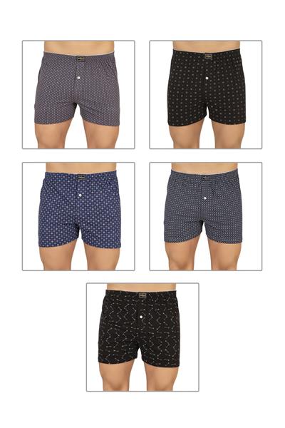 Erkek 5li Paket Havlu Bel Pamuklu Düğmeli Desenli Boxer | 11112