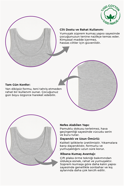 Erkek Çocuk %100 Pamuklu Ribana Kalın Askılı Atlet | Gri Melanj K0801