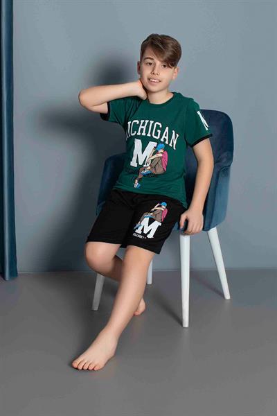 Erkek Çocuk Penye Kısa Kollu Kaprili Pijama Takımı | Yeşil 3634