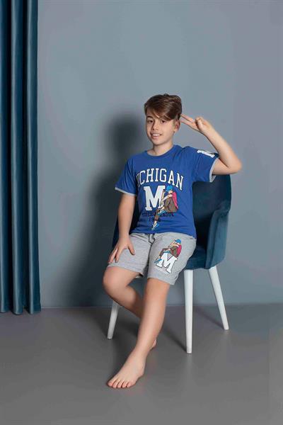 Erkek Çocuk Penye Kısa Kollu Kaprili Pijama Takımı | Saks Mavisi 3634