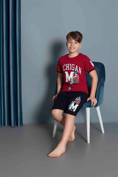 Erkek Çocuk Penye Kısa Kollu Kaprili Pijama Takımı | Bordo 3634
