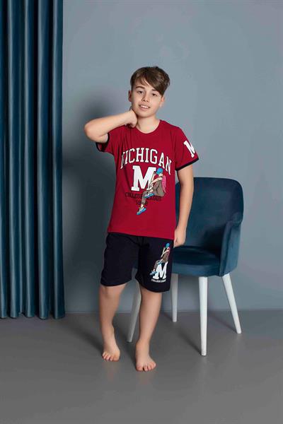 Erkek Çocuk Penye Kısa Kollu Kaprili Pijama Takımı | Bordo 3634