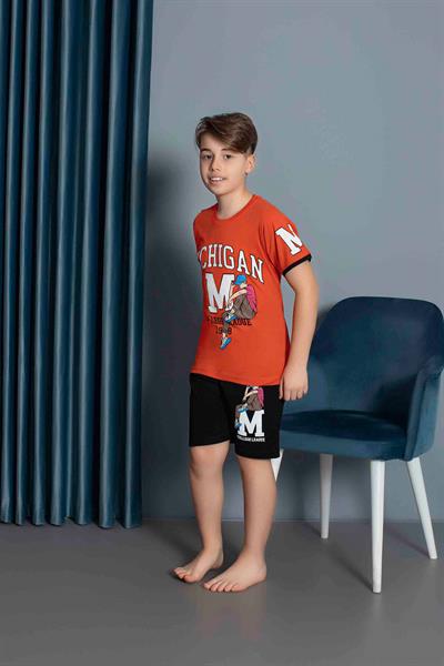 Erkek Çocuk Penye Kısa Kollu Kaprili Pijama Takımı | Turuncu 3634