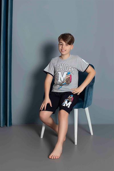 Erkek Çocuk Penye Kısa Kollu Kaprili Pijama Takımı | Gri 3634