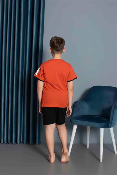 Erkek Çocuk Penye Kısa Kollu Kaprili Pijama Takımı | Turuncu 3634