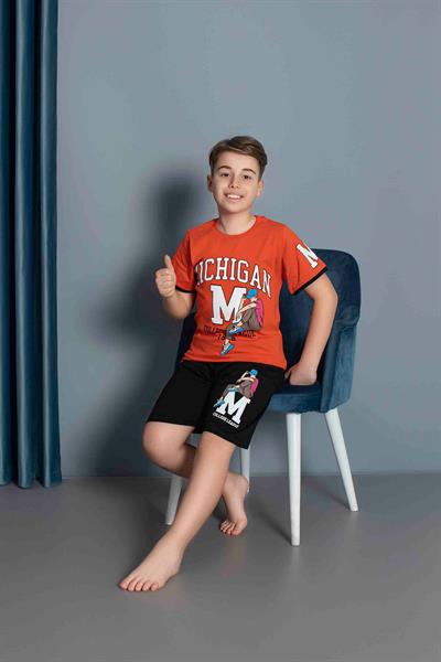 Erkek Çocuk Penye Kısa Kollu Kaprili Pijama Takımı | Turuncu 3634