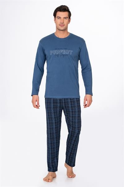 Erkek İnterlok Penye Bisiklet Yaka Pijama Takımı | İndigo 020